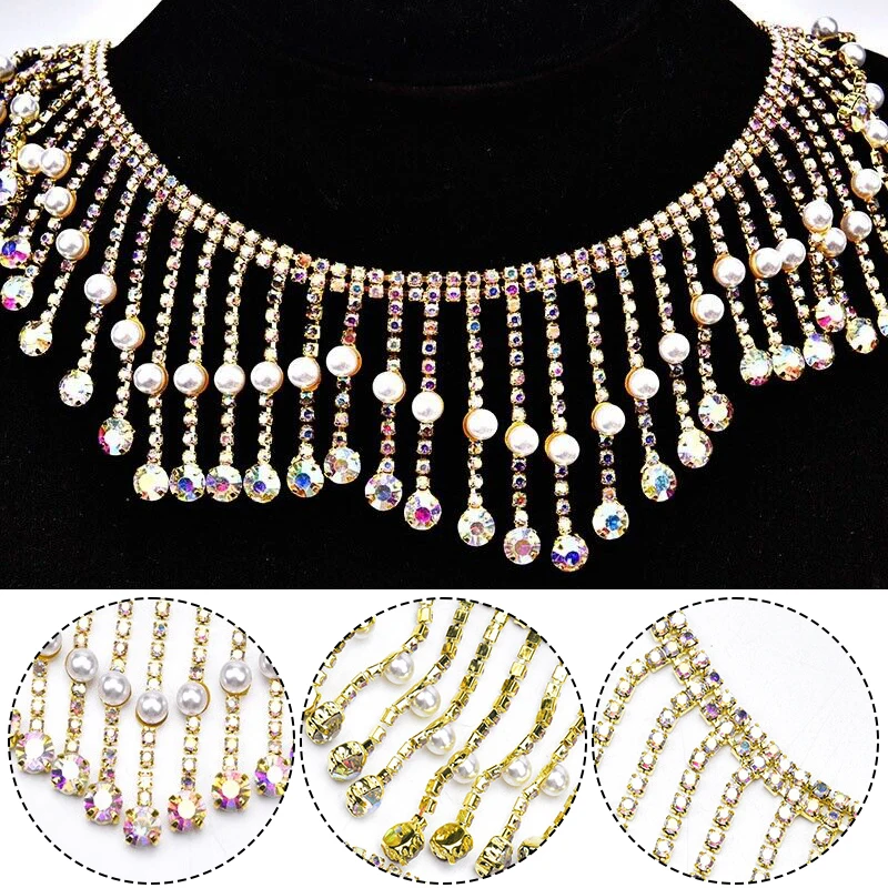 

20/40/60cm Rhinestone Beaded Tassel Chain Imitation Pearls Wavy Crystal Fringe Trimmin For Diy Garment Dress Accessories Decor