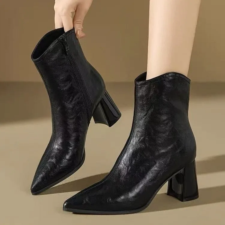 Chic Short Boots for Women, British Style 2026 New Thick-heeled Pointed-toe High Heels