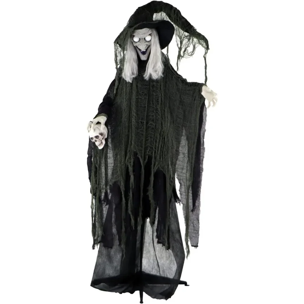 Outdoor Halloween Decoration Life-Size Animatronic Scary Talking Witch Holding Skull with Touch Activated Lights Sound Battery