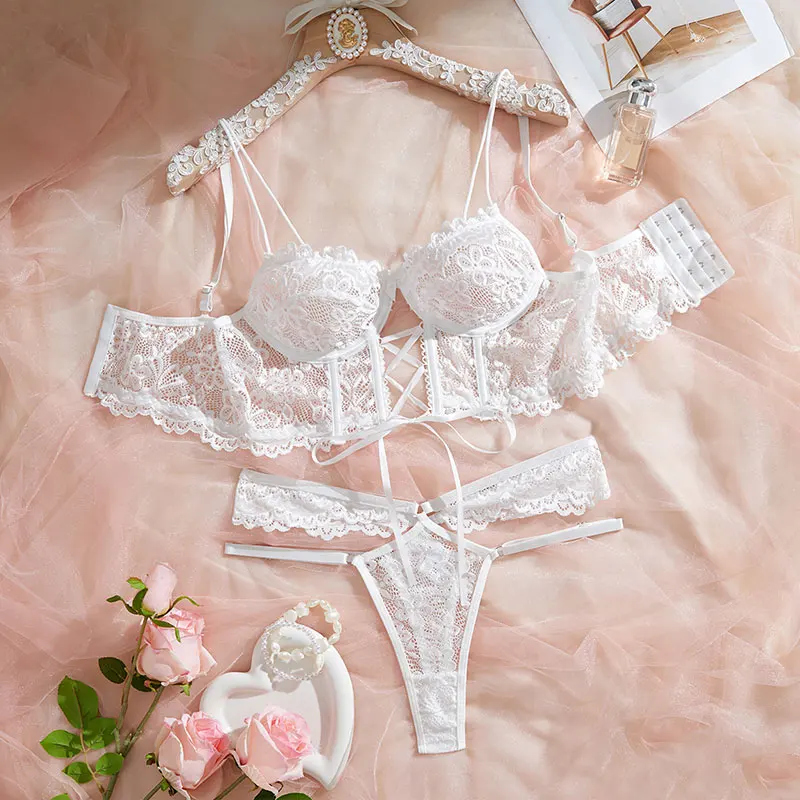 Lace Push Up Seamless Bras Women Lingerie Sets Sexy Lace-Up Corset With Underwire Five Breasted Pull-Up Shapewear Thin Bra Thong