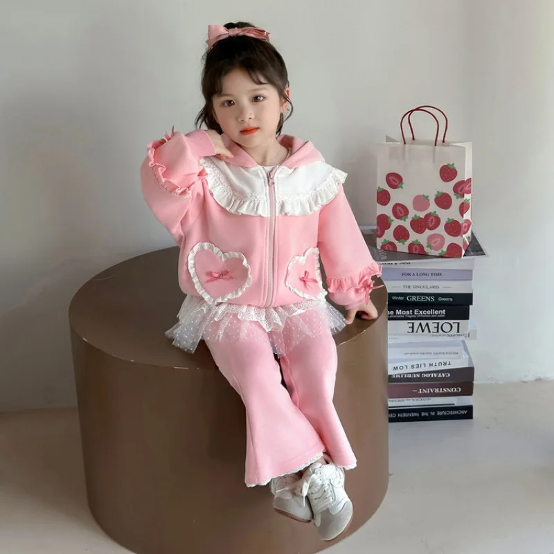 

Girls Autumn Season Rabbit Ears Lace Cardigan Jacket Two-piece Set 2025 New Sports Suit