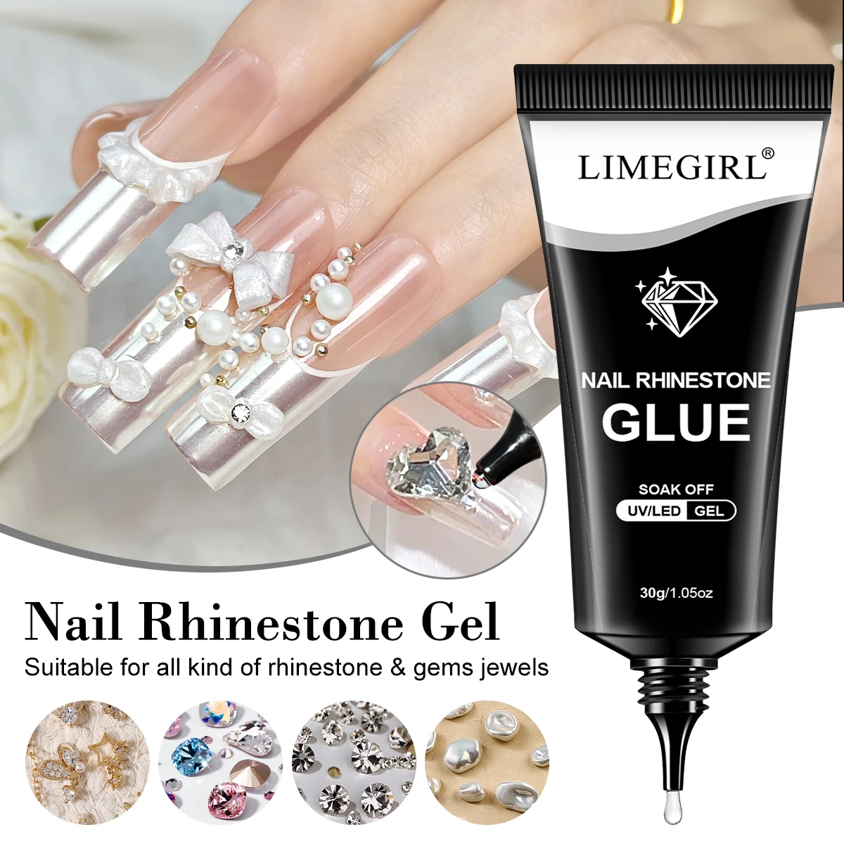 LIMEGIRL 30 g Nagel-Strass-Kleber für dekorative Nagelkunst, transparentes Klebegel, DIY 3D-Nagelkristall-Edelstein, Schmuck, Glitzer