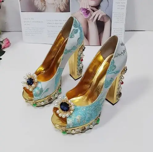 Blue Peep Toe Sequined Cloth Floral Gem Pearl Pumps Woman Sexy 120 mm Block Heel Print Embroider Chunky Heels Diamonds Shoes