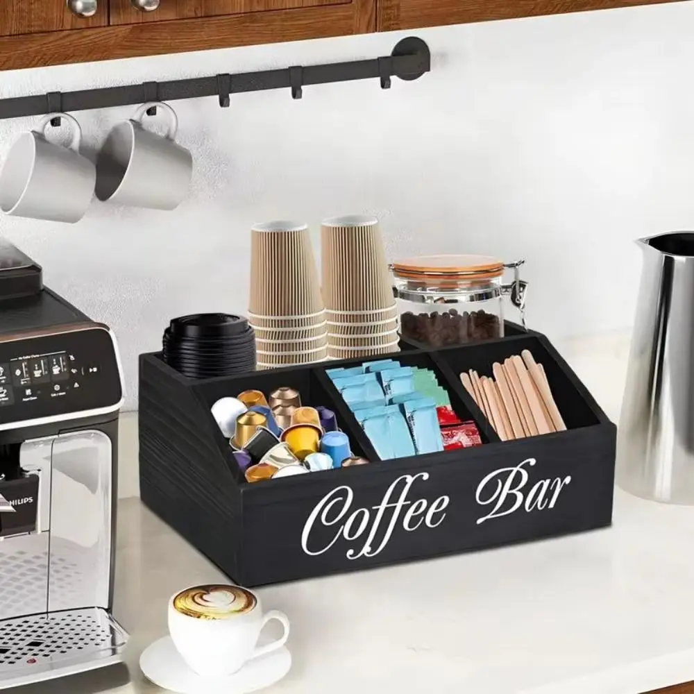 Multifunctional Wooden Countertop Coffee Bar Organizer Multi-compartment Durable Coffee Storage Box Rustic Tea Bag Basket Office