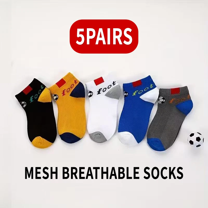 5 Pairs Kids Boys Socks Soccer Pattern Mesh Breathable Ankle Socks Skin‑Friendly Color Block Sports Short Socks For Children`