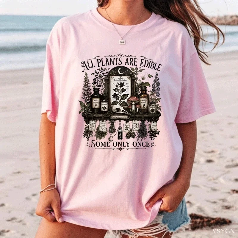 All Plants Are Edible Some Only Once T-shirt Gothic Botanical Witchy Goth T Shirt Casual Round Neck Printed Tshirts Clothing