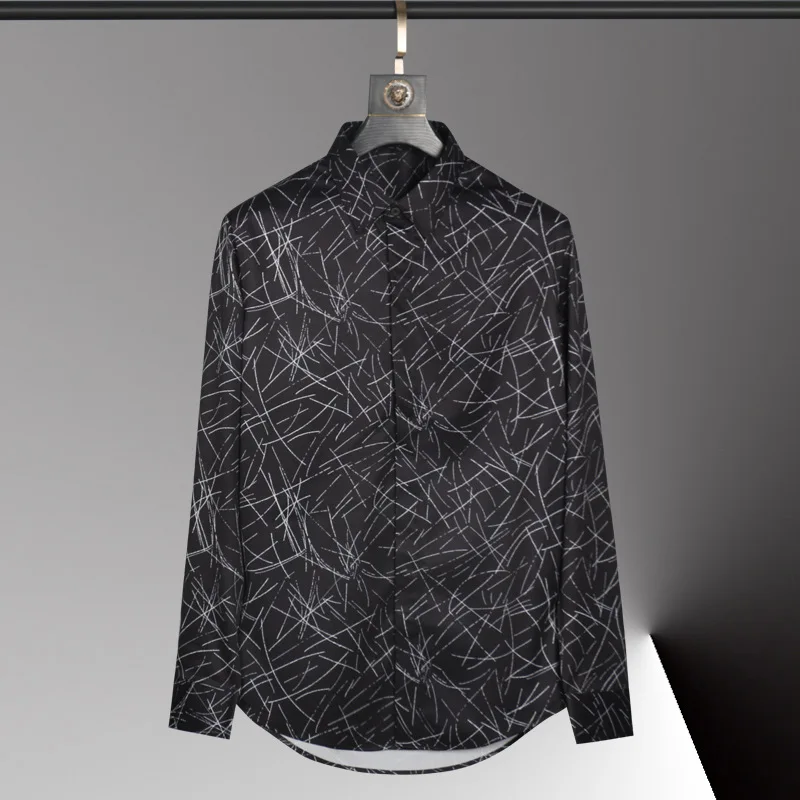 

2022 Silk Black Printed Mens Dress Shirts Luxury Long Sleeve Smart Casual Male Shirts Fashion Slim Fit Party Man Shirts 3XL