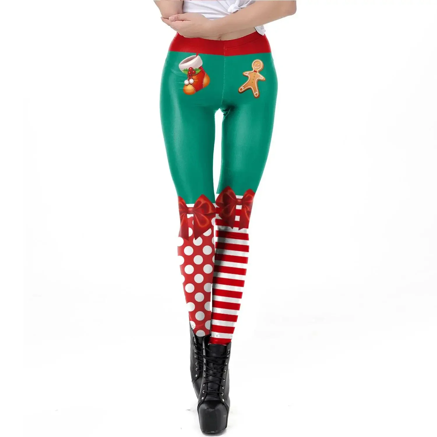 Legginsy świąteczne Elf Kobiety Kostium karnawałowy Xmas Seksowne rajstopy Prezent świąteczny Spodnie 3D Wzór Streetwear Ubrania fitness