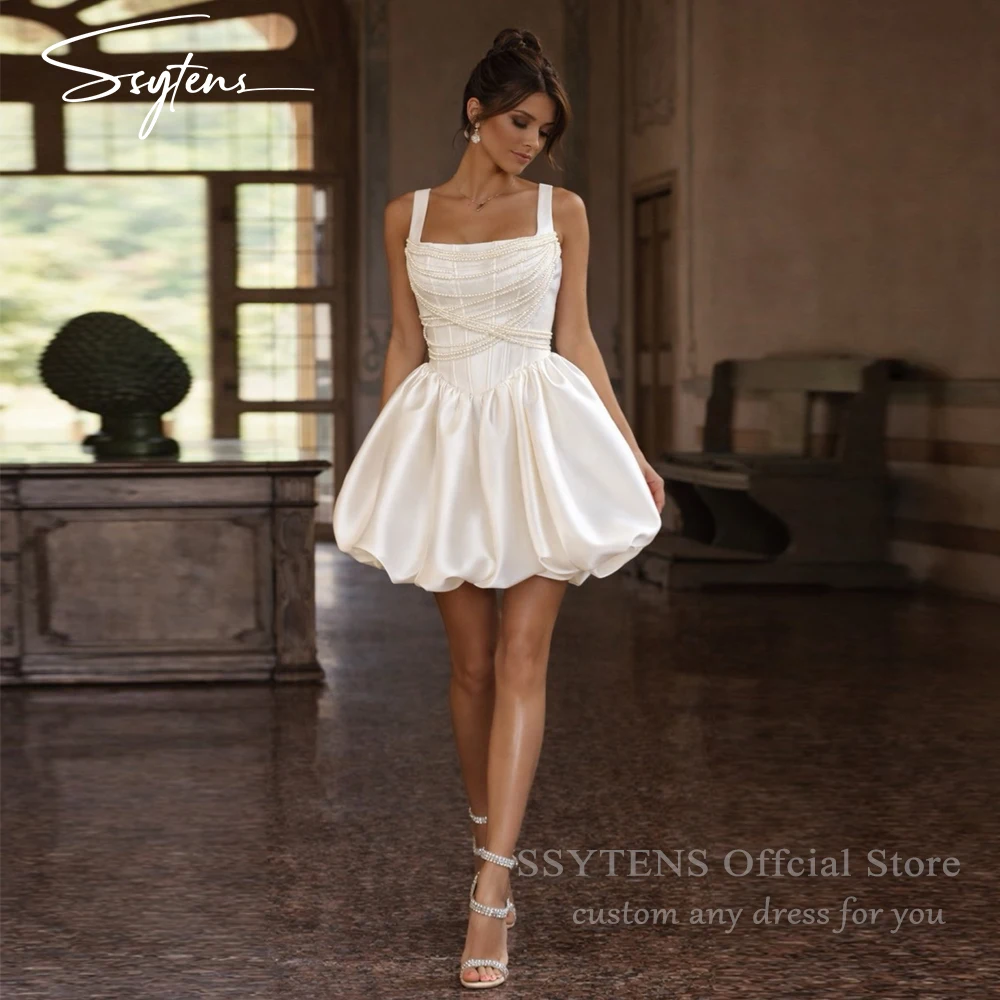 

SSYTENS Elegant Beading Pearls Short A-Line Wedding Dress Satin Square Collar 2026 Bridal Party Gown Vestido De Noiva Customized