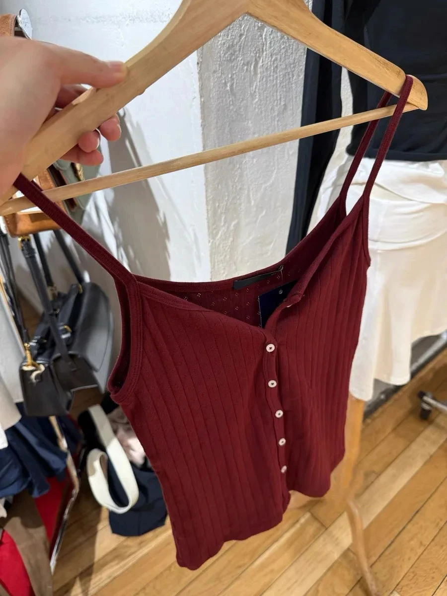 العيينة الأحمر القطن الأساسية تانك القمم المرأة الصيف جديد واحدة الصدر أكمام سليم بروتيل بسيط الحلو الصلبة لطيف سترة Y2k القمم #5