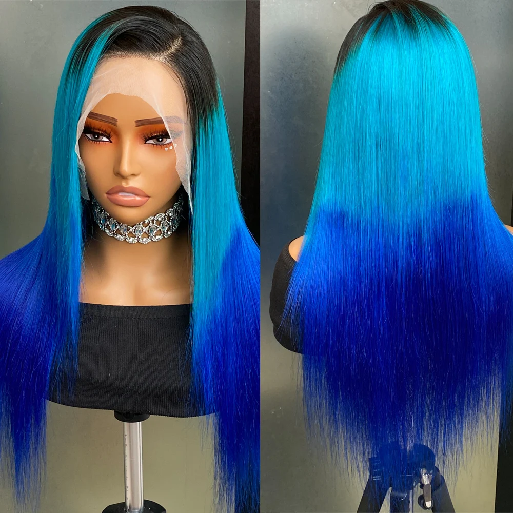 Bone Straight 13x4 Ombre Blue Lace Front Human Hair Wigs For Women Preplucked Brazilian Virgin Hair 180% Density