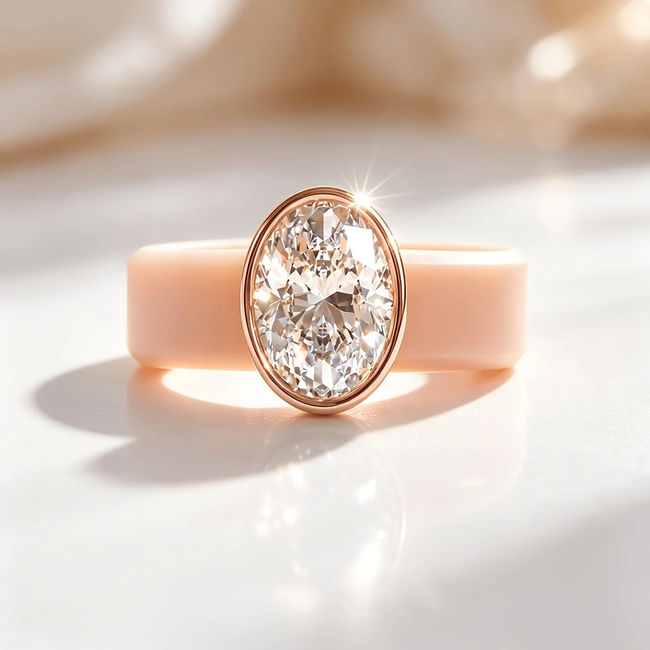 Hypoallergenic Khaki Silicone Ring, Oval CZ Stone Rose Gold & Silver Bezel Comfort Stackable Jewelry for Sport Daily Wear
