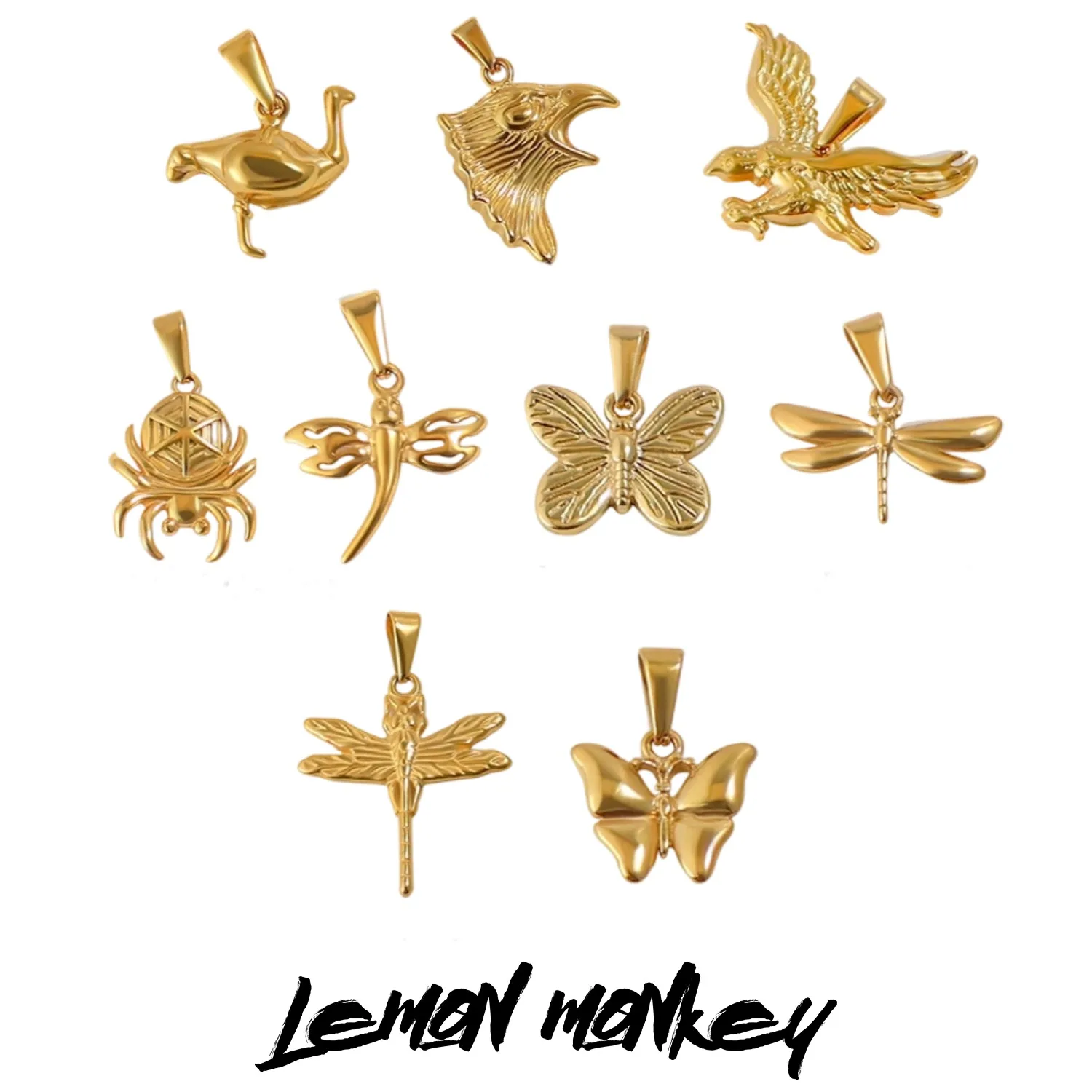 

6PCS Animal Series Spider Butterfly Dragonfly Ostrich Eagle Pendant Stainless Steel Material 24k Gold Silver