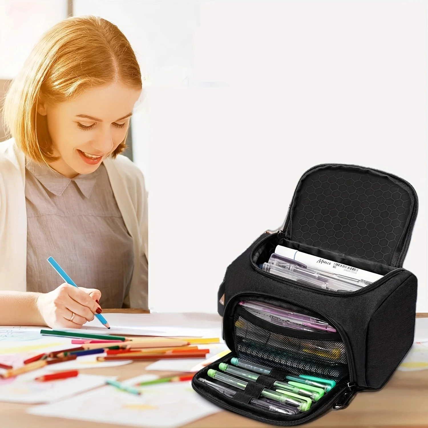 

Пенал большой емкости, полиэстер, органайзер с несколькими отделениями и ручкой, портативный, прочный для школы, офиса, подарка для подростков