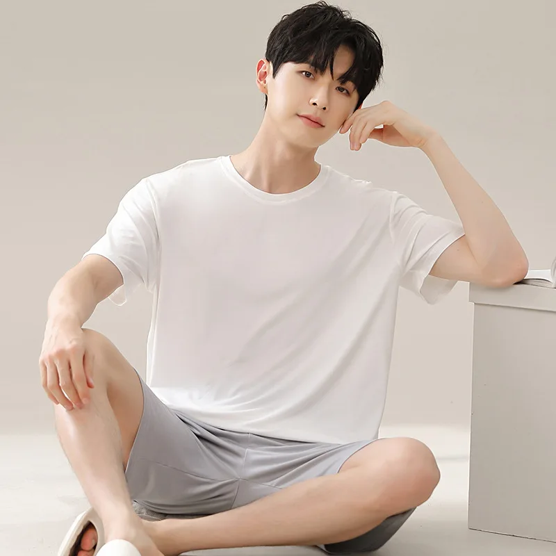 

5XL Plus Size Korean Men Summer Pajamas Soft Modal Short-sleeved Pullover Shorts Sleep Home Clothes Young Man Solid Loungewear