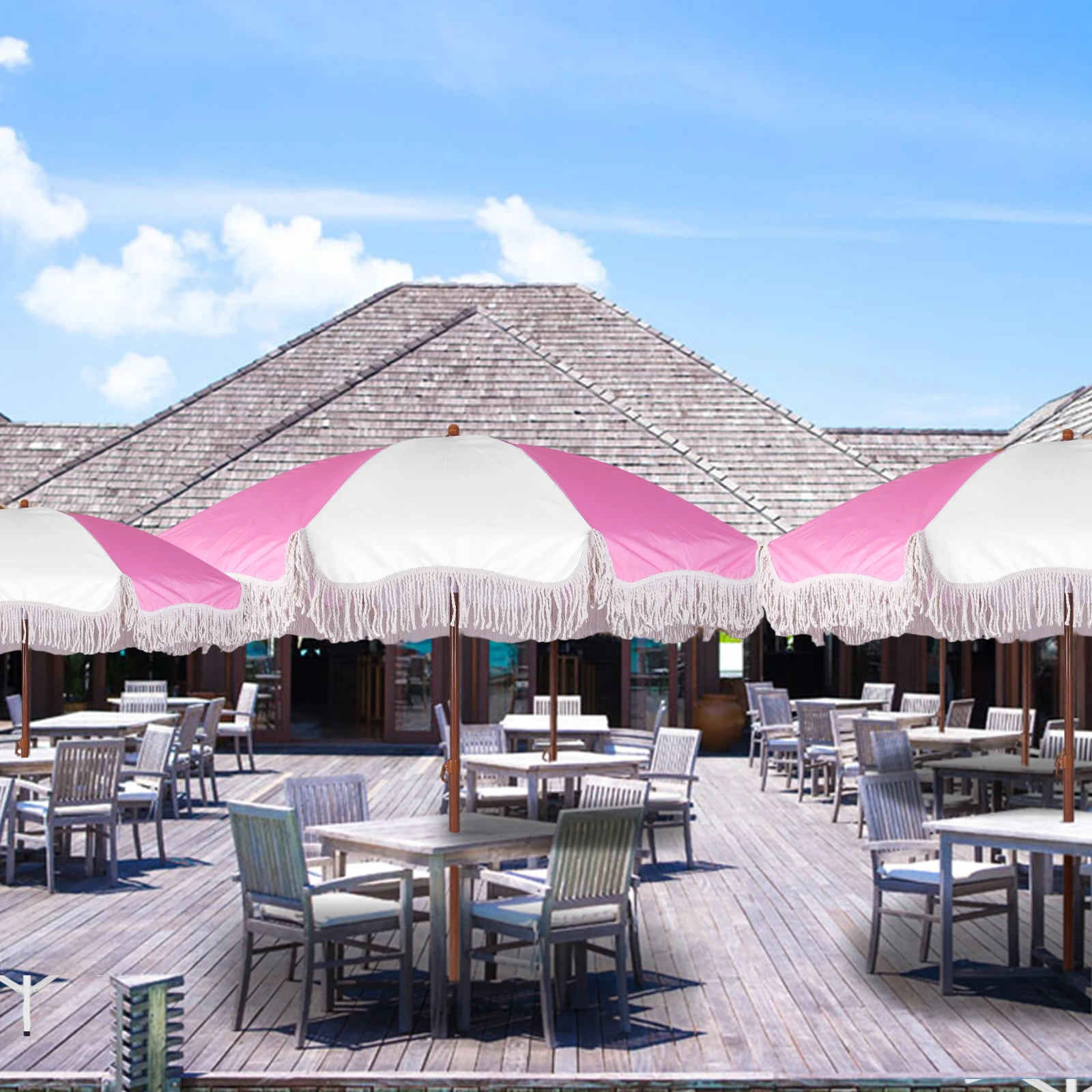 

Boho Beach Umbrella with Fringe Adjustable Patio Umbrellas UV Protection Parasol for Garden Table Pool (White Pink)