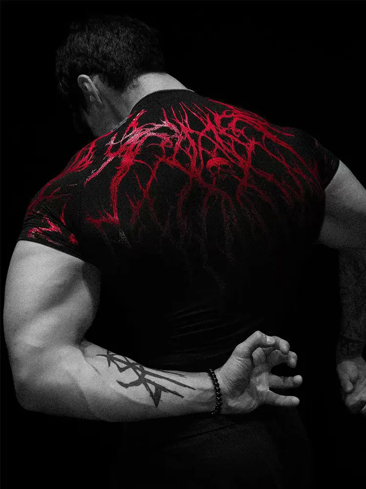 Men's Gothic Skull Compression Shirt Quick Dry Short Sleeve Gym Workout T-Shirt for Bodybuilding Fitness Training Summer Casual