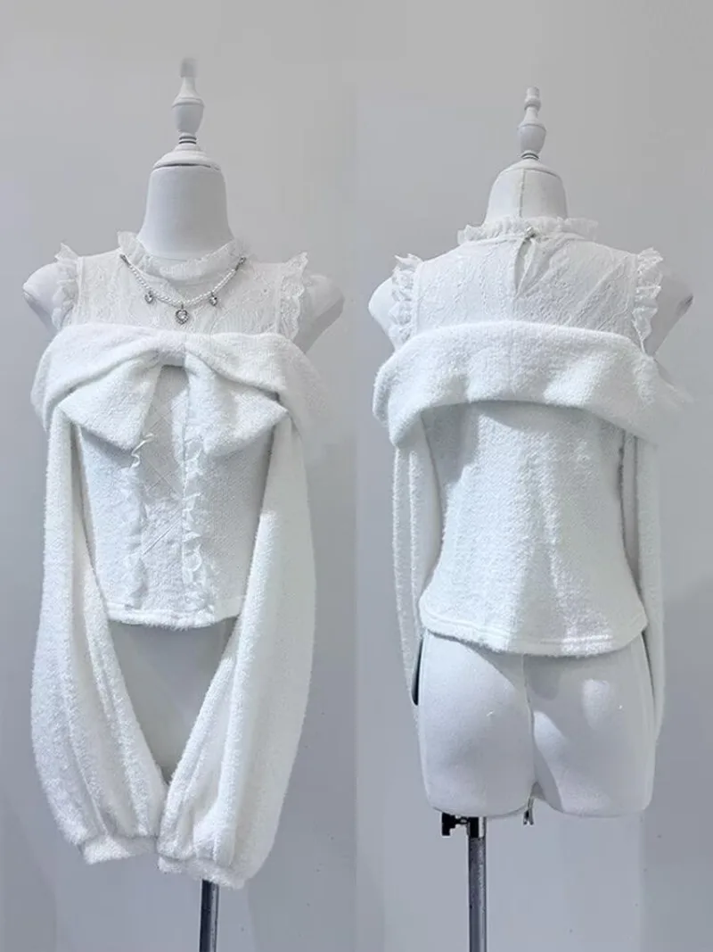 Japanese Cute Sweet Lolita Autumn/Winter New Skirt Sets Soft Girls Off The Shoulder Long Sleeve Bow Sweater+Skirts 2-piece Set image 2