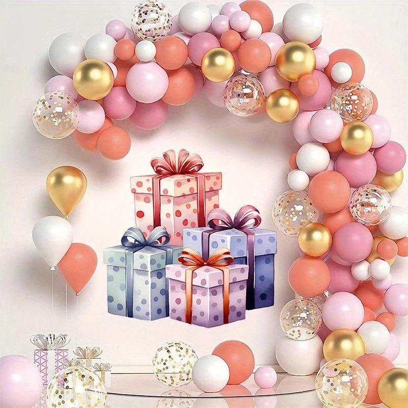 MT1404# 1pc Vibrant Gift Box Wall Stickers - Waterproof PVC, Polka Dot & Ribbon Design for Birthday Party & Home Decor