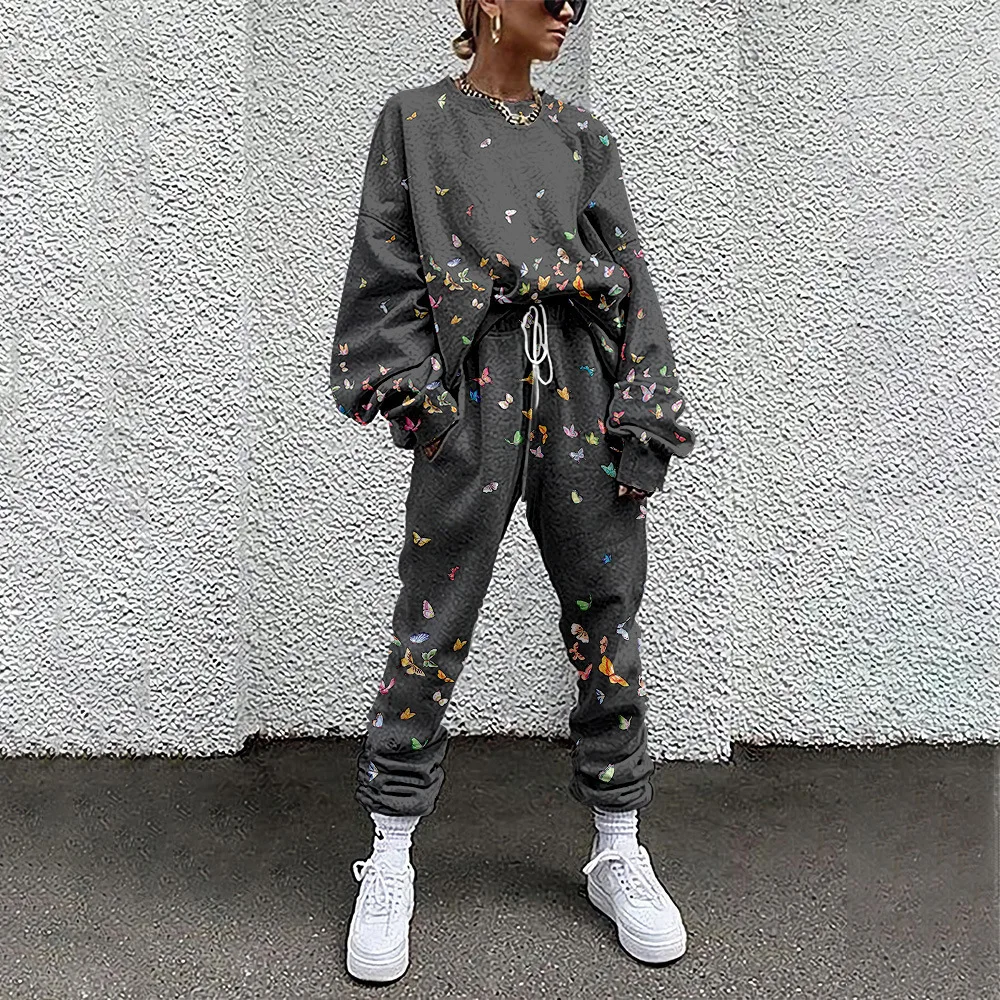 Women\'s Casual Long Sleeve Butterfly Print Tracksuit Sport Suits Spring Autumn Sweatshirts and Long Pant Two Pieces Set