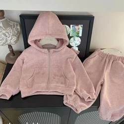Kids Girl Pink Tracksuits Hooded Zipper Sweatershirt Coat+Solid Elastic Waist Wide Leg Pants 2Pcs Children Spring Autumn Suits