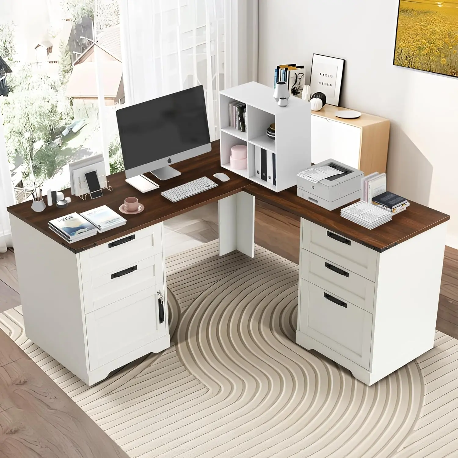 

L-Shaped Executive Desk with Power Outlets, 60 Wood Home Office Computer Table with 5 Drawers and Locking Adjustable Storage Che