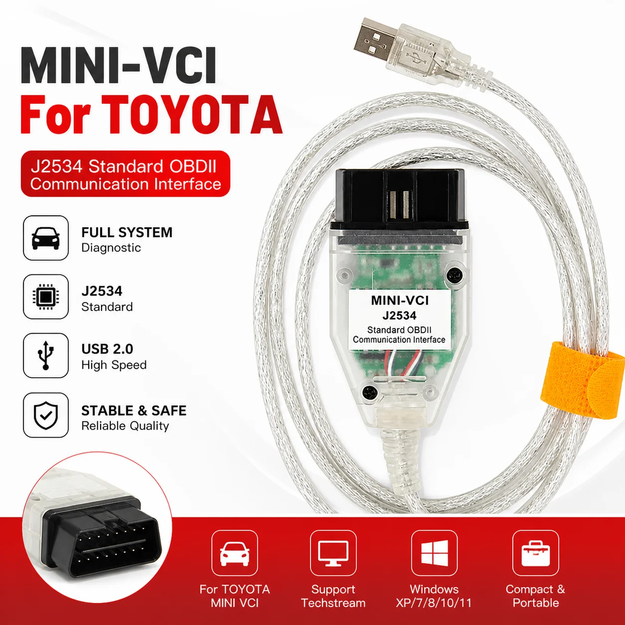 

Mini Vci 16PIN J2534 For Toyota TIS Techstream V17 V18 FTDI FT232RQ OBD2 Diagnostic Cable