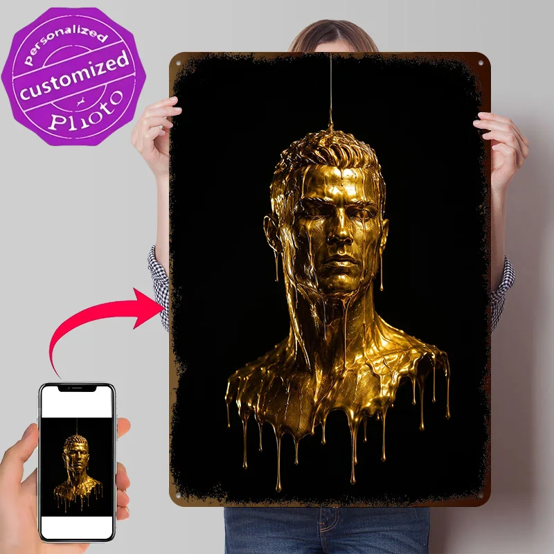 Golden Statue of Cristiano Ronaldo Metal Poster Perfect Gift for Fans Lovers Personalized Wall Art Metal Sign for Vintage Decor