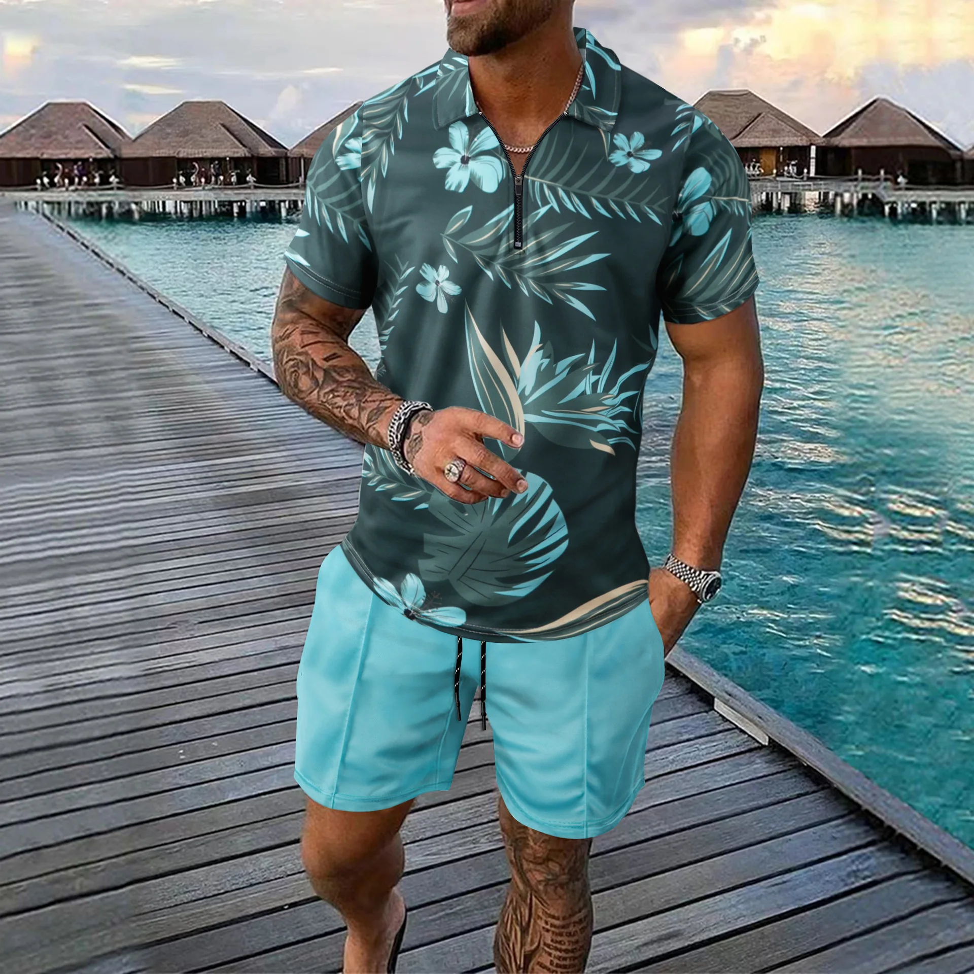 

Summer New Printed Zipper Short-sleeved T-shirt POLO Shirt + Casual Shorts Beach Men's Suit