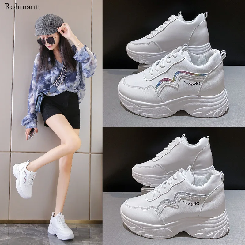 

Fashion Platform White Womens Wearable Bread Wedge Heel Increase Comfortable Soft Leather Shoes Sneakers