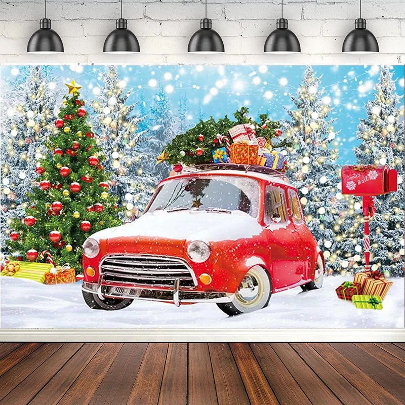 Christmas Red Car Photography Backdrop Winter Forest Snowflake Xmas Tree Landscape Background Kid Baby Shower Party Banner Decor