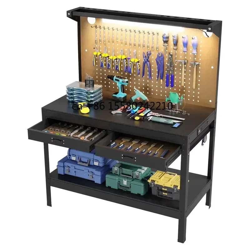 2026 hot 48 Inch Heavy Garage Workbench With Power Outlets 620 Lbs Capacity 2 Drawers 30 Hooks Pegboard And Shelves Easy