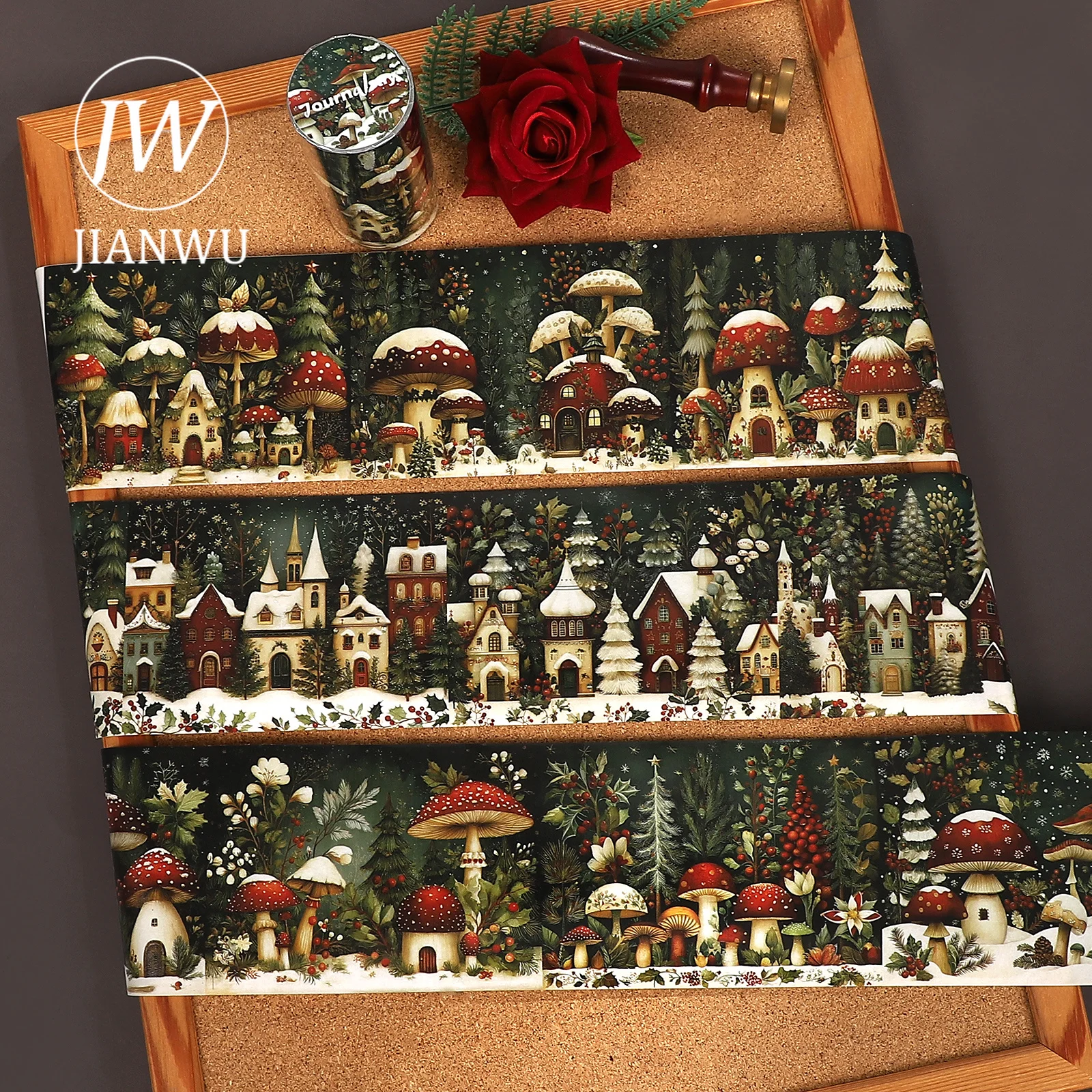 JIANWU 80mm*161cm Vintage Weihnachts-Pilzhaus Landschaftsmaterial Collage Scrapbooking Washi Tape Journal Schreibwaren