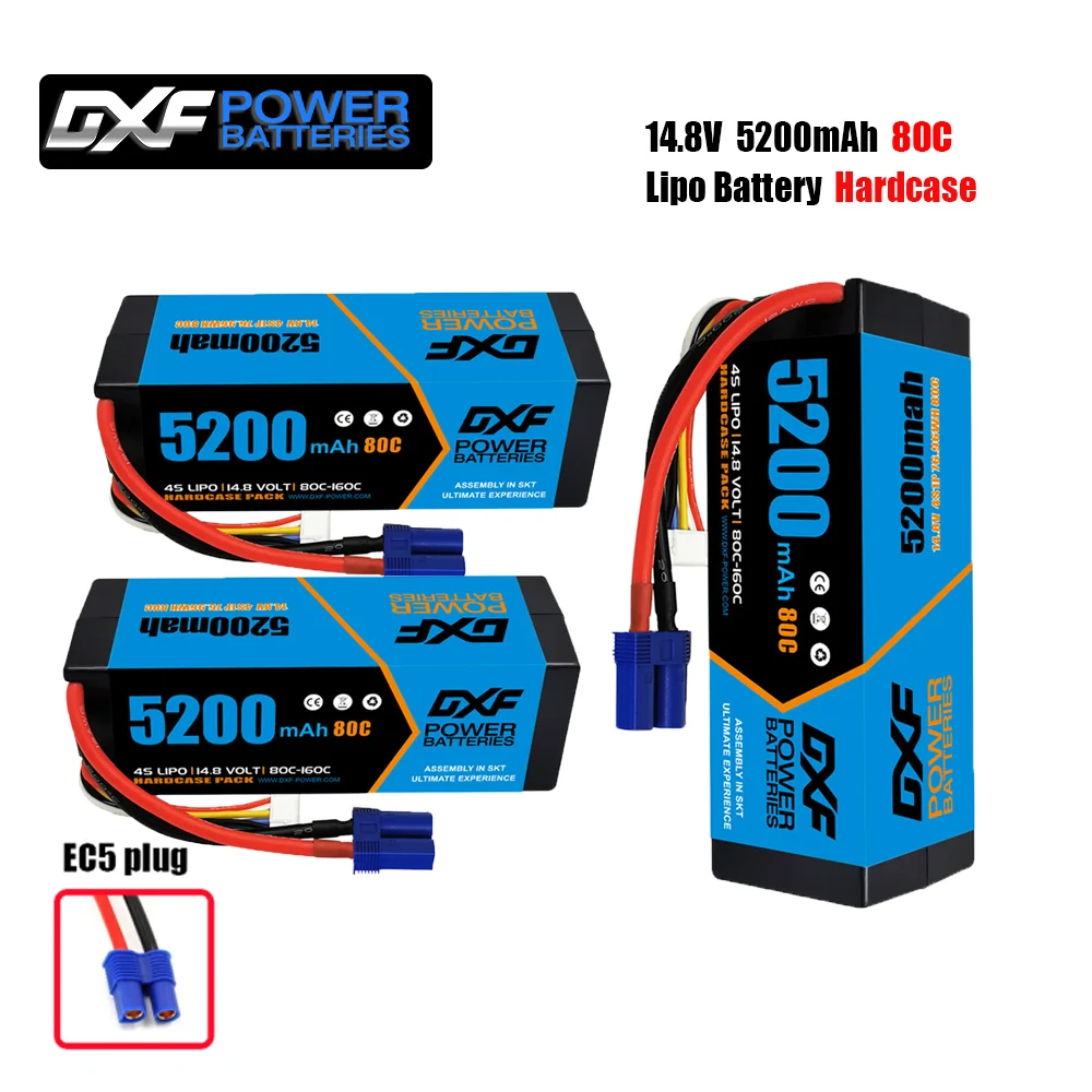 DXF 4S Lipo Battery 14.8V 5200mAh 80C with EC5 Plug Hardcase for 1/8 Buggy Truggy Offroad Car Boat Truck Airplane UAV RACING