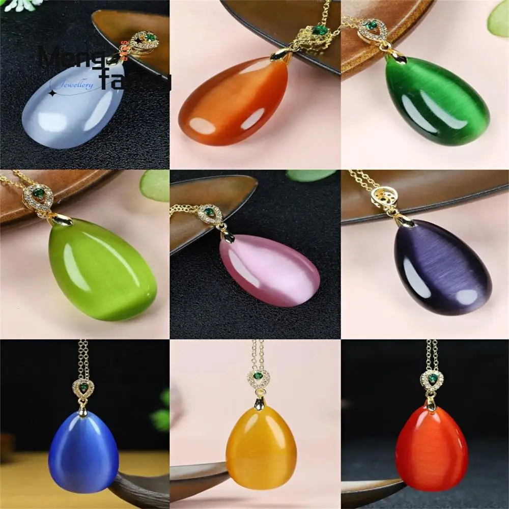 Natural Cat\'s Eye Stone Luck Water Drop Bead Pendant Hand-Carved Amulets Fashion Women Men Necklace 925 Silver Fine Jewelry Gift