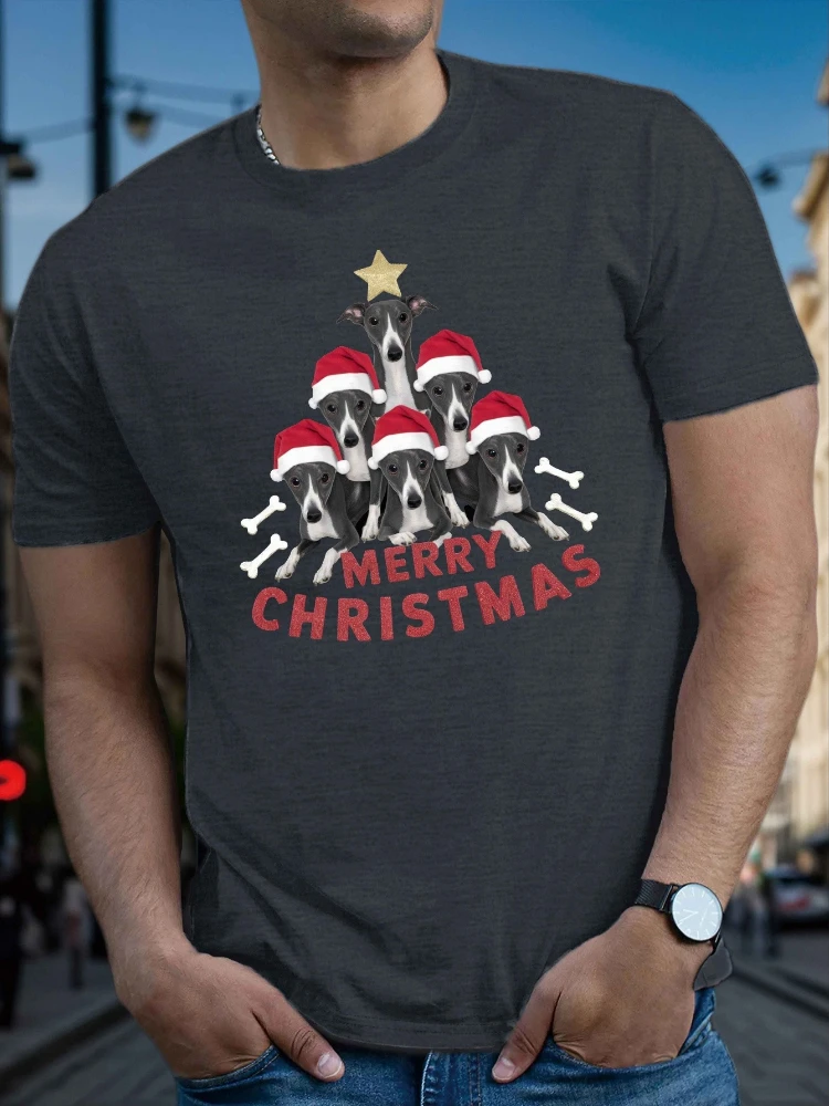 

Merry Christmas Greyhound with Santa Hat Dogs Design-100% cotton summer casual O-neck short sleeve printed men's T-shirt.