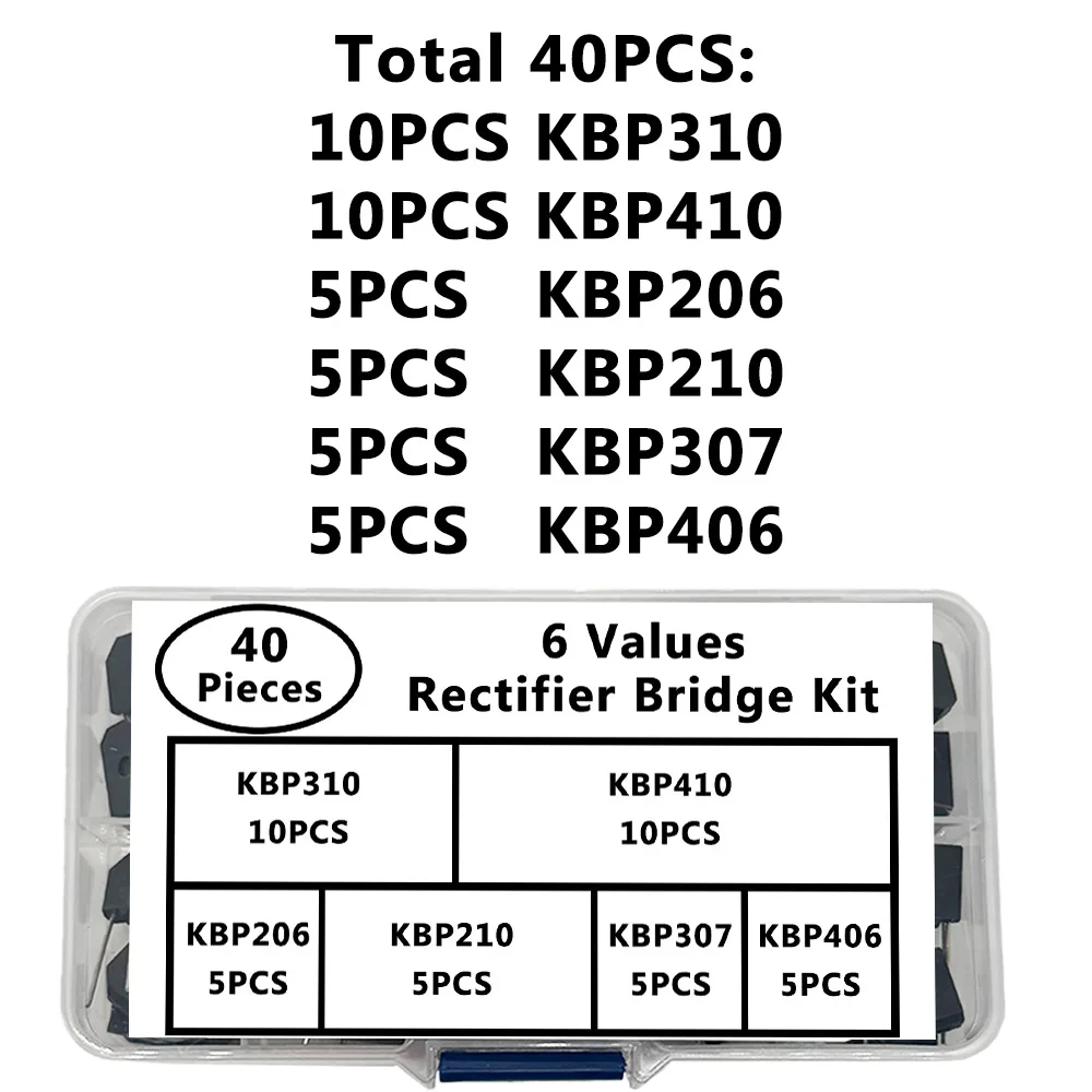 40pcs 6Values Rectifier Bridge Kit (KBP310 KBP410) 10PCS (KBP206 KBP210 KBP307 KBP406) 5PCS 4 pins total 40pieces with box