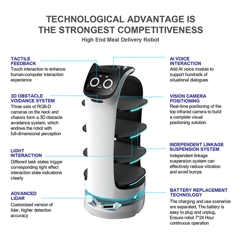 Robô de entrega de alimentos sem driver de carregamento automático inteligente controle remoto robô garçom