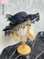 Lolita Handmade Gothic Dark Widow Hat Black Pearl Tassel Lace Black Rose Feather Photography Prop Head Umbrella