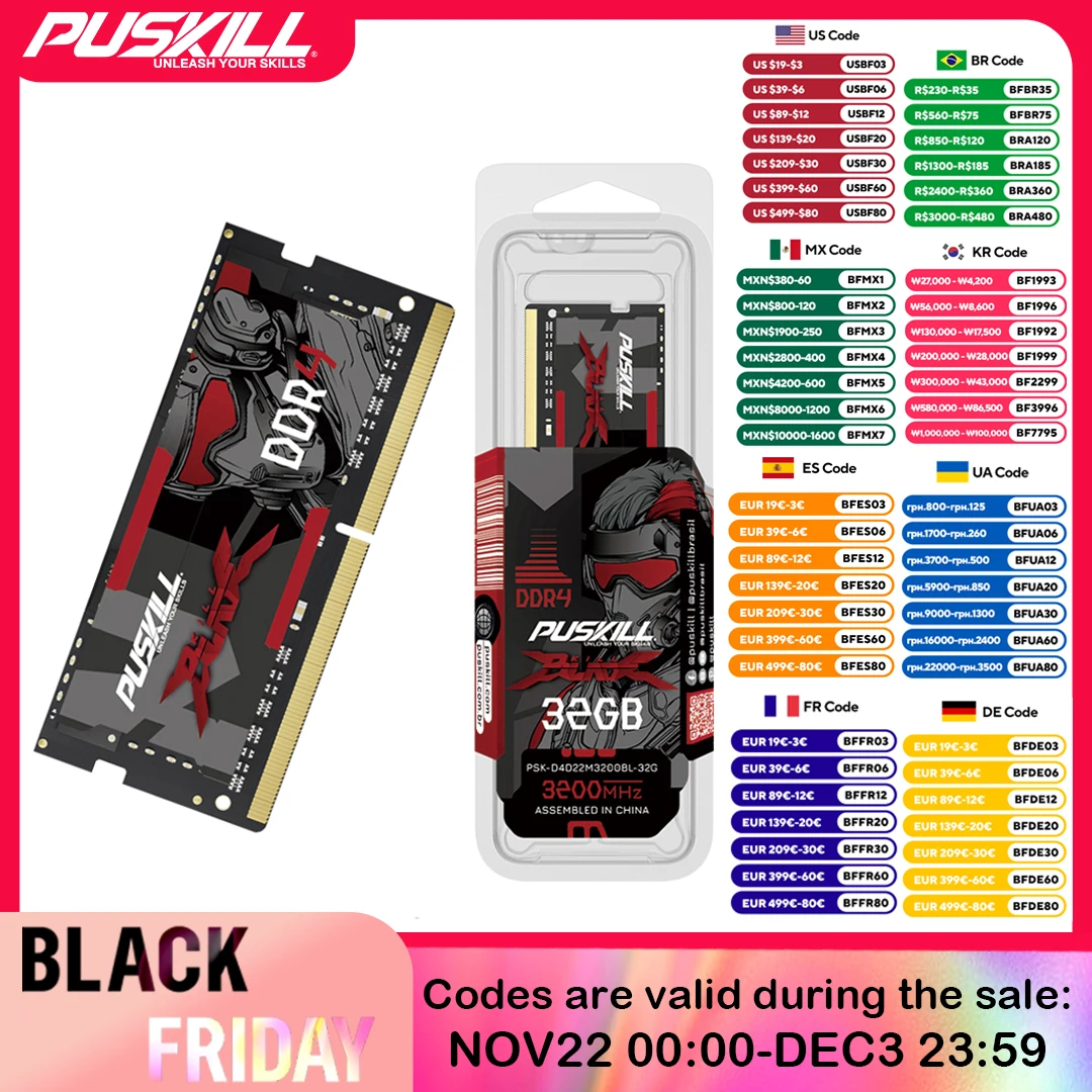 PUSKILL Memoria Ram Notebook DDR4 DDR3L 16GB 8GB 4GB 32GB 3200 2666 2400 1600 1333 Sodimm Laptop Memory