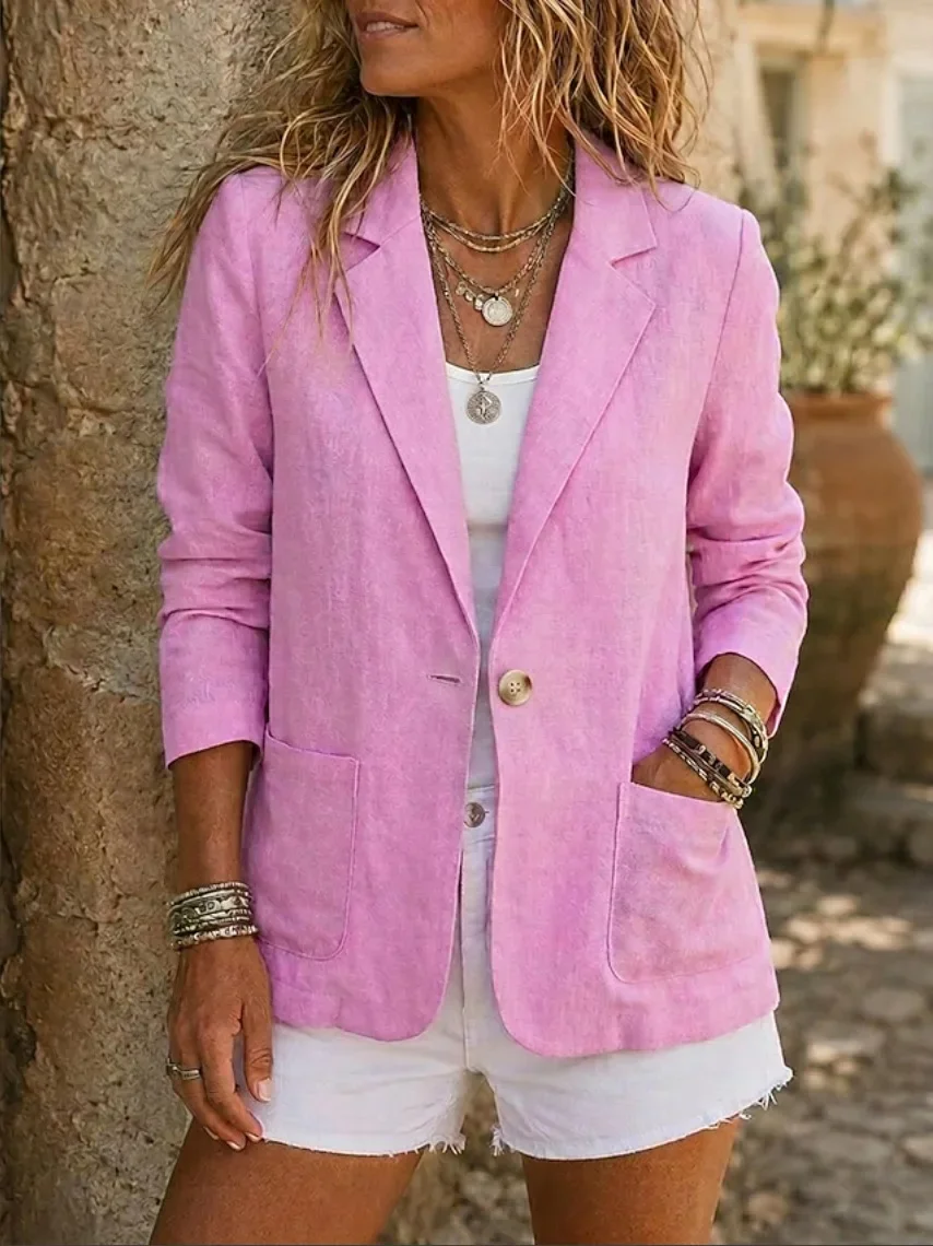 Ladies Notch Lapel Linen Blazer Single Button Front Patch Pockets Lightweight Casual Jacket