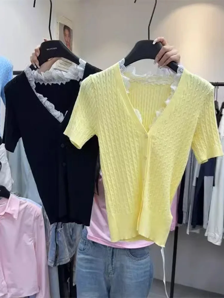 

Korean Sle V-Ne Lace Trim ort Sve Knitted Open Cardigan Summer Slim Fit ort Length oulder Length Women's Top