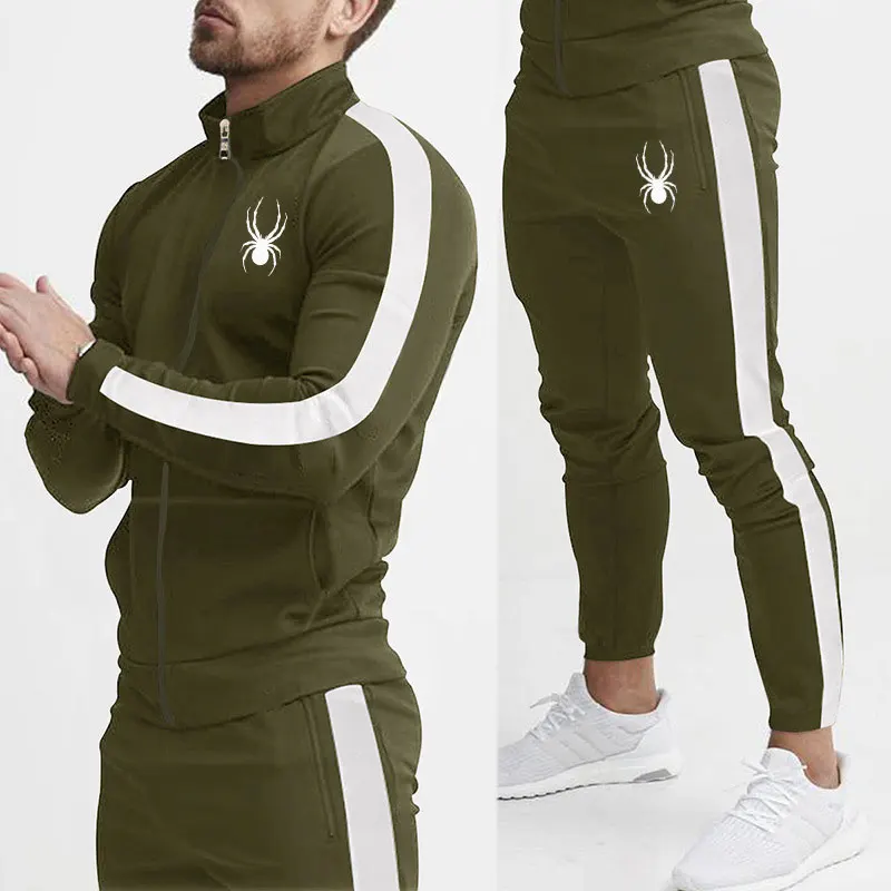 Spring And Autumn Men\'s Sportswear Simple Style Striped Printed Men\'s Suit Stand Collar Zipper Jacket And Trousers Two-piece Set