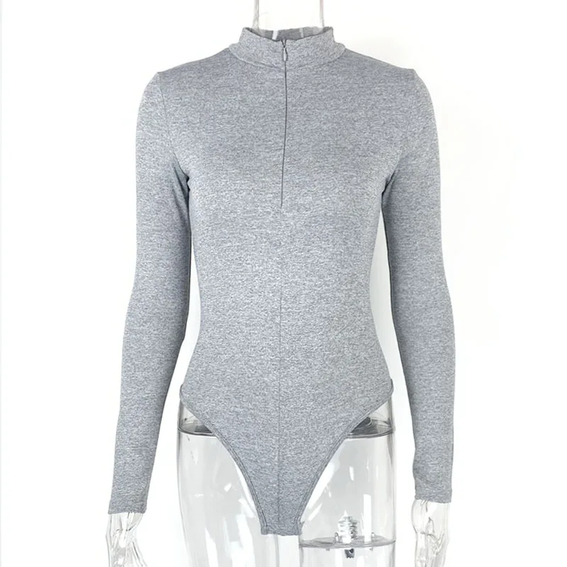 Dropshipping สีน้ําตาลซิปบอดี้สูทแขนยาวผู้หญิง Streetwear เซ็กซี่ Bodycon STAND COLLAR Sheath Crotch Basic Overalls TOP