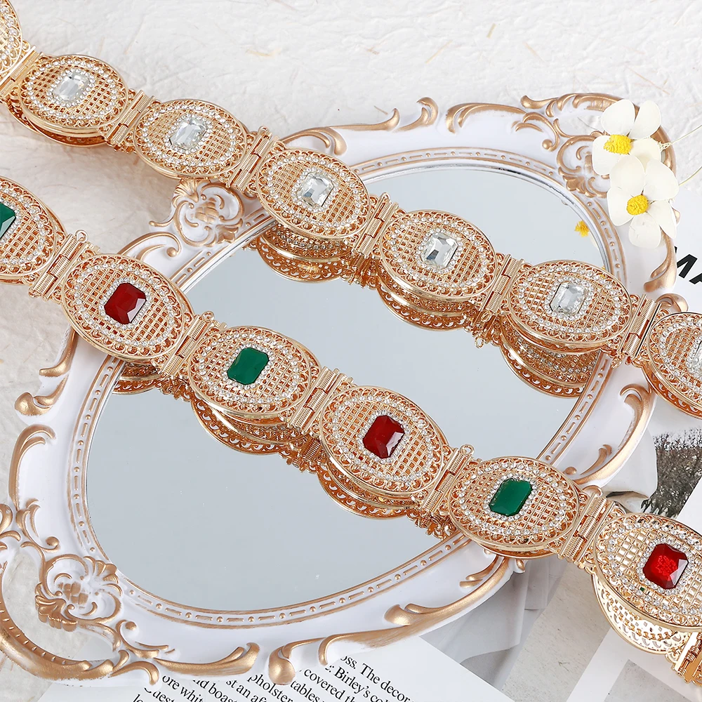 

Moroccan Algerian Style Retro Oval Shape Gold Plated Material Senior Sense Belt Diamond-encrusted Waist Chain Dress Accessories