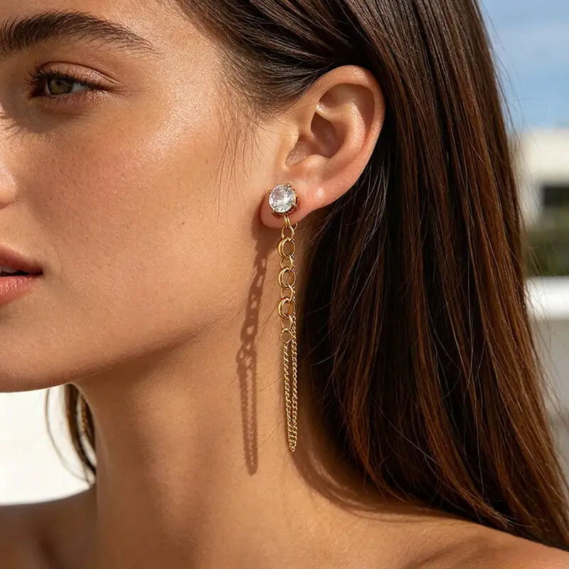 Zirconium chain tassel stainless steel stud earrings for women - Retro, luxurious, niche French fashion titanium steel earrings