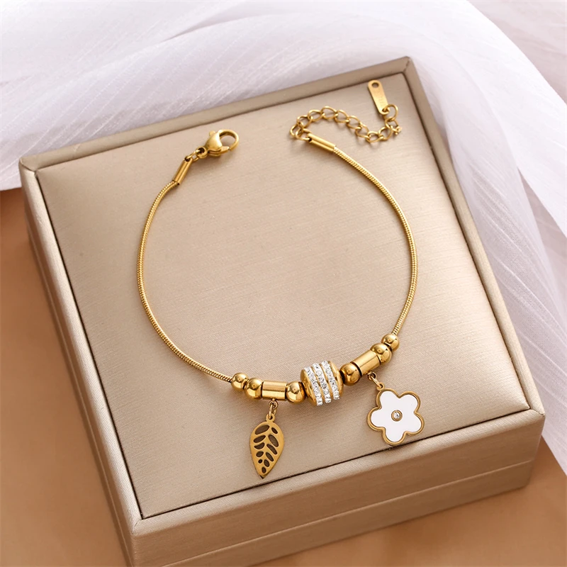 316L Stainless Steel New Fashion Fine Waterproof Jewelry Zircon Beads Leaf Seashell Flower Charm Snake Chain Bracelets For Women
