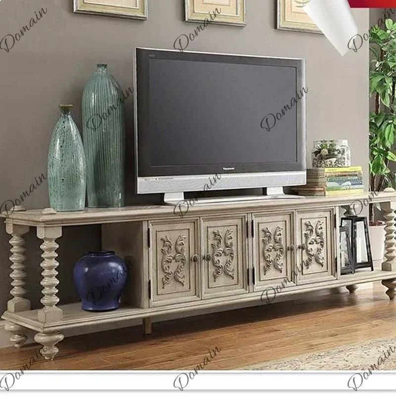 Oi French Solid Oak Distressed TV Console American Country Carved Luxury Audio Visual Stand Custom