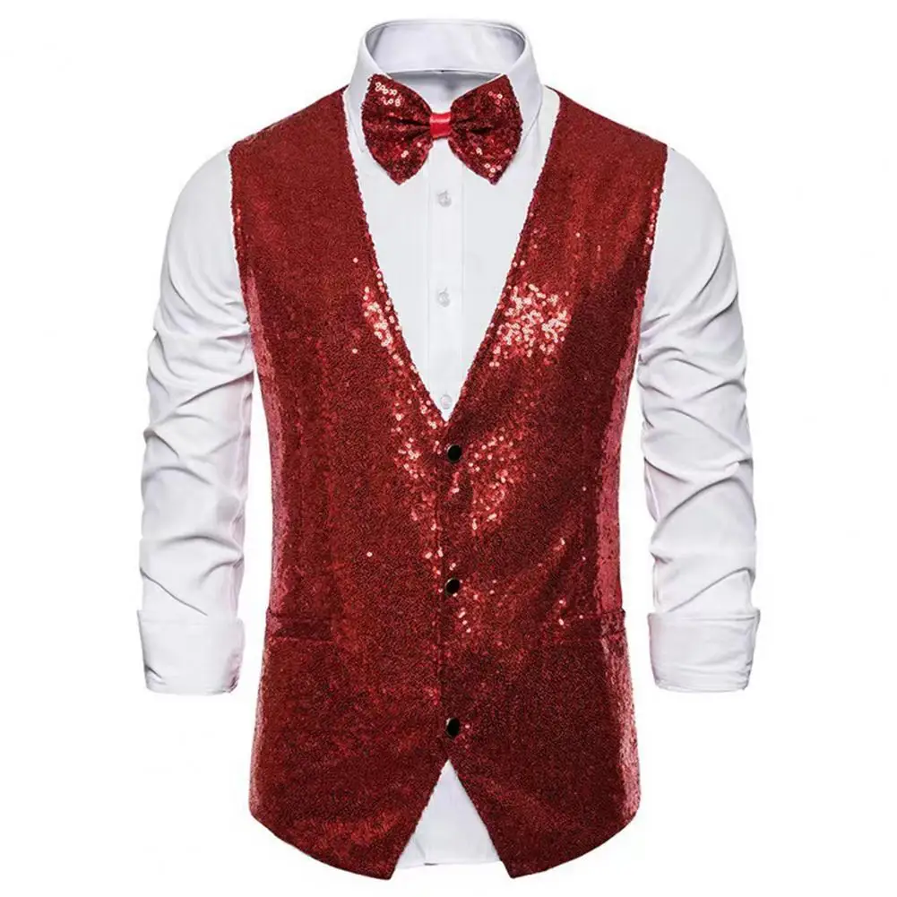 Men Sequin Waistcoat Sleeveless Slim Fit Shiny Blazer Vest Party Wedding Waistcoat Suit Vest Men Stage Performance Sequin Vest