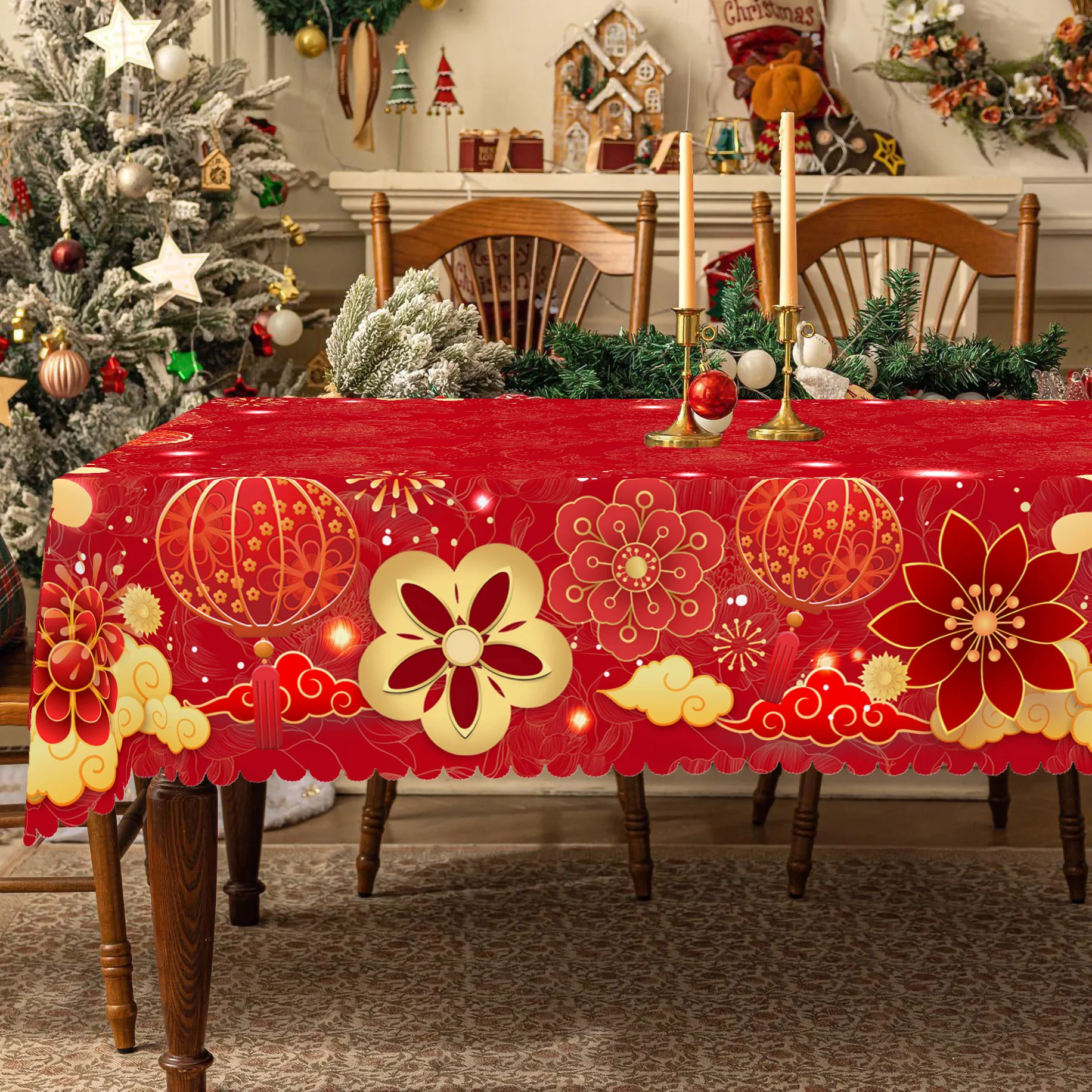 1 Piece of Chinese Spring Festival Red Round Tablecloth, 5 Sizes Available, Chinese Valentine's Day Red Printed Square Tablecloth, Edge Embossing Process, Spring Festival Kitchen Tablecloth Decoration, Tablecloth for Home Kitchen during Spring Festival, Terrace, Chinese Wedding Decoration Gift